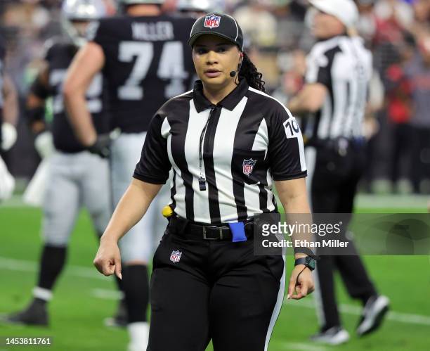Line judge Maia Chaka officiates a game between the San Francisco 49ers and the Las Vegas Raiders at Allegiant Stadium on January 01, 2023 in Las...