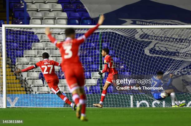 Chuba Akpom of Middlesbrough celebrates after scoring the team's third goal during the Sky Bet Championship between Birmingham City and Middlesbrough...