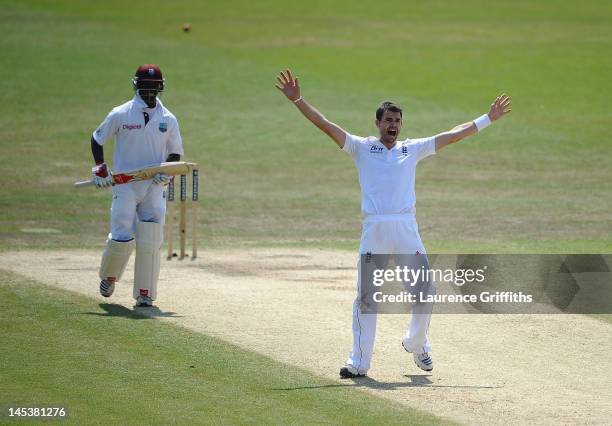 James Anderson of England appeals for the wicket of Kemar Roach of West Indies during the Second Investec Test Match between England and West Indies...