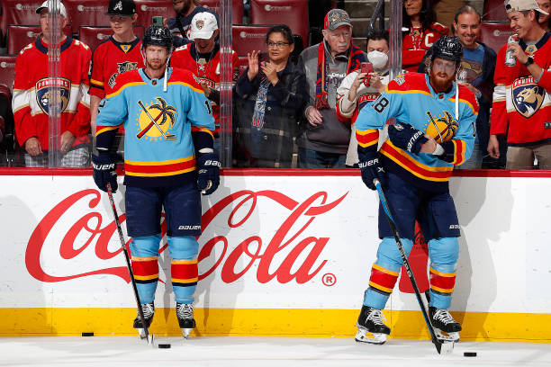 Eric Staal and brother Marc Staal of the Florida Panthers on the ice together during warm ups and their game against the New York Rangers at the FLA...