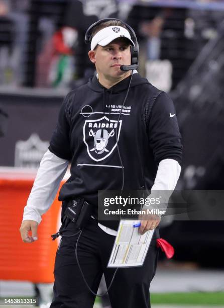 Head coach Josh McDaniels of the Las Vegas Raiders looks on in the second quarter of a game against the San Francisco 49ers at Allegiant Stadium on...