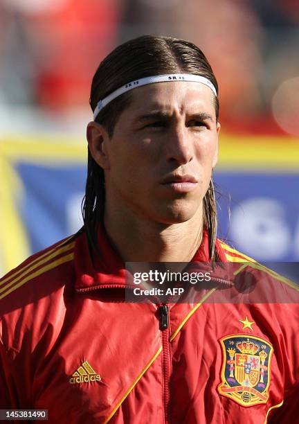 Spain's national football team player Sergio Ramos poses prior to the start of the friendly football match between Spain and Serbia at the AFG Arena,...