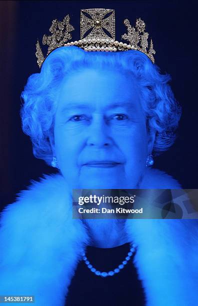 Piece of work by artist Chris Levine depicting Queen Elizabeth II is displayed during a photocall at Asprey on May 28, 2012 in London, England. The...