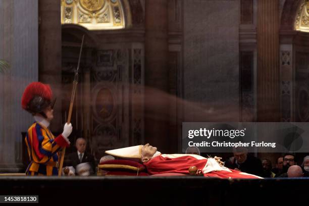 The body of Pope Emeritus Benedict XVI lies in state at St. Peter's Basilica on January 02, 2023 in Rome, Italy. Joseph Aloisius Rltzinger was born...