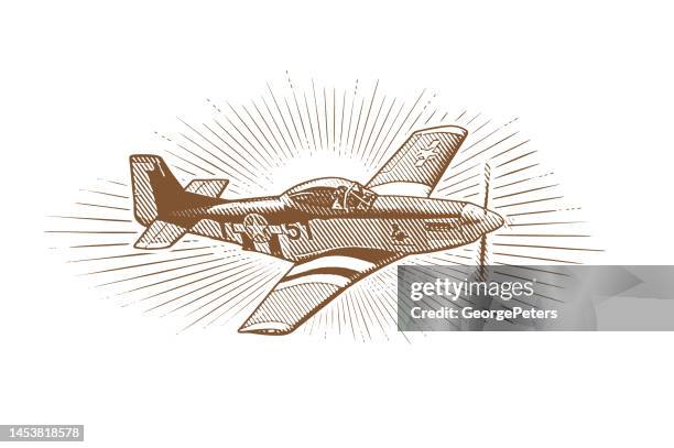 p-51 mustang fighter plane - war reenactment stock illustrations