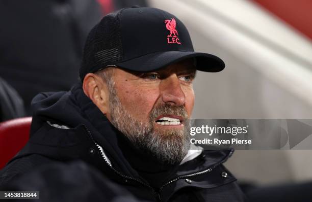 Juergen Klopp, Manager of Liverpool, looks on prior to the Premier League match between Brentford FC and Liverpool FC at Brentford Community Stadium...