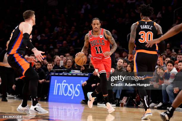 DeMar DeRozan of the Chicago Bulls in action against the New York Knicks during the second half at Madison Square Garden on December 23, 2022 in New...