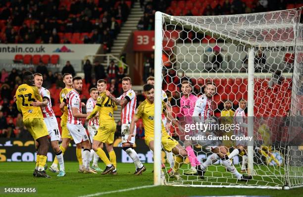 Ched Evans of Preston scores his team's goal during the Sky Bet Championship between Stoke City and Preston North End at Bet365 Stadium on January...