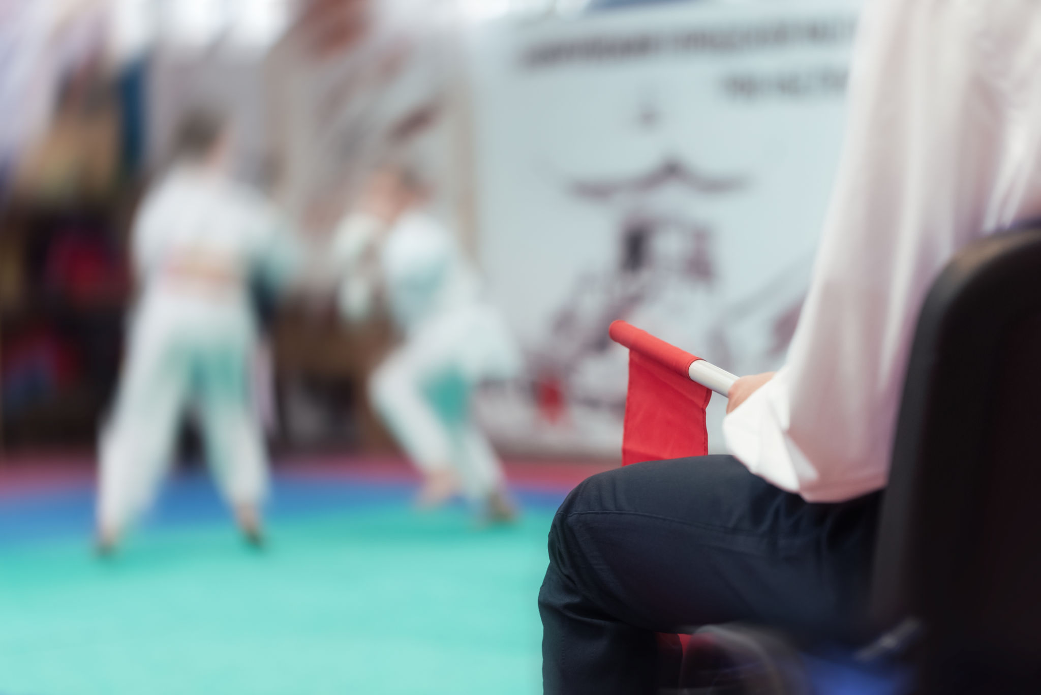 Referee hands with flags in karate competition. Referee hands with flags in karate competition.