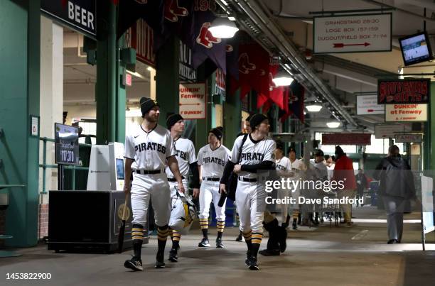 Tristan Jarry, Brock McGinn, Chad Ruhwedel and Josh Archibald of the Pittsburgh Penguins arrive for the 2023 Discover NHL Winter Classic game between...