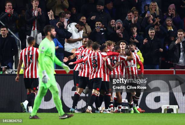 Yoane Wissa of Brentford celebrates with teammates after scoring a goal which is later disallowed by VAR during the Premier League match between...