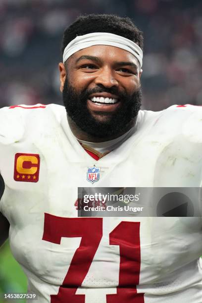 Offensive tackle Trent Williams of the San Francisco 49ers walks off the field after his team's victory against the Las Vegas Raiders at Allegiant...