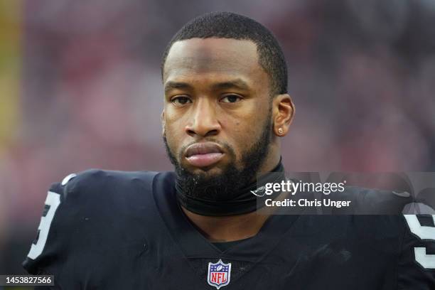 Defensive end Clelin Ferrell of the Las Vegas Raiders looks on from the sideline during the first half of a game against the San Francisco 49ers at...