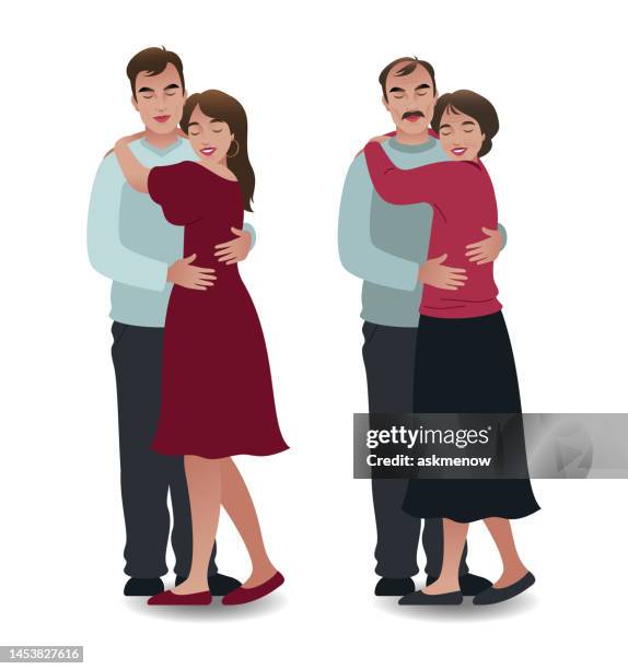 young and mature couples hugging - date night romance stock illustrations