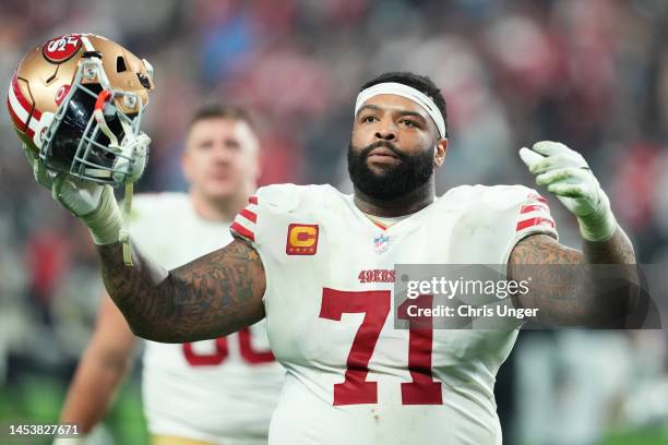 Offensive tackle Trent Williams of the San Francisco 49ers walks off the field after his team's victory against the Las Vegas Raiders at Allegiant...