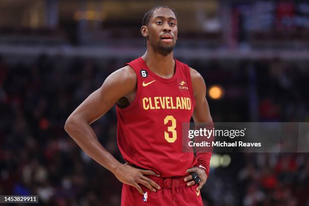 Caris LeVert of the Cleveland Cavaliers looks on against the Chicago Bulls during the first half at United Center on December 31, 2022 in Chicago,...