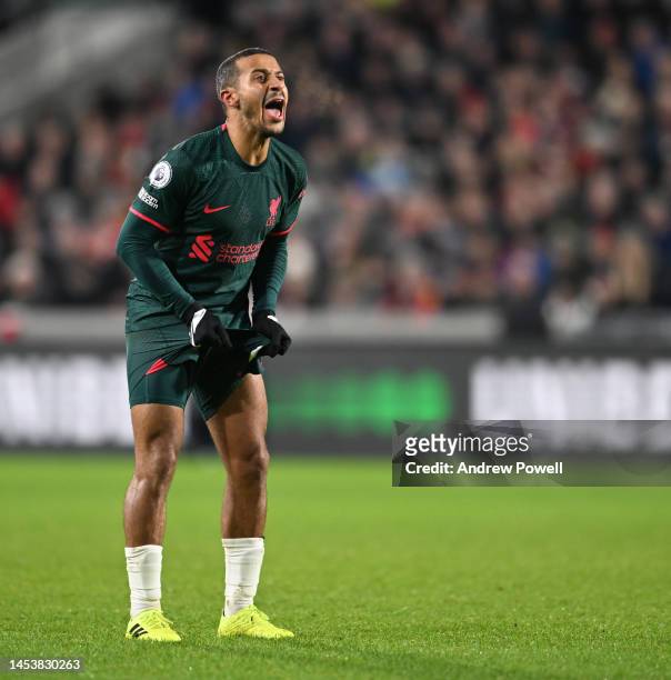 Thiago Alcantara of Liverpool during the Premier League match between Brentford FC and Liverpool FC at Brentford Community Stadium on January 02,...