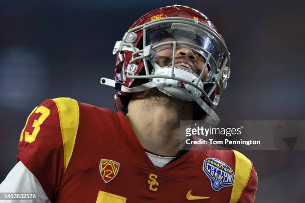 Caleb Williams of the USC Trojans reacts after a completed pass against the Tulane Green Wave in the secon quarter of the Goodyear Cotton Bowl...
