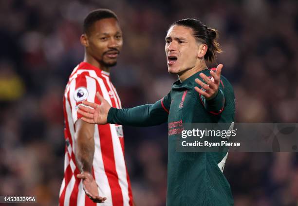 Darwin Nunez of Liverpool reacts during the Premier League match between Brentford FC and Liverpool FC at Brentford Community Stadium on January 02,...