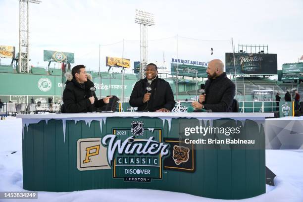 Network sportscasters Jamison Coyle, Kevin Weekes and Mike Rupp at the 2023 Discover NHL Winter Classic game between the Pittsburgh Penguins and the...