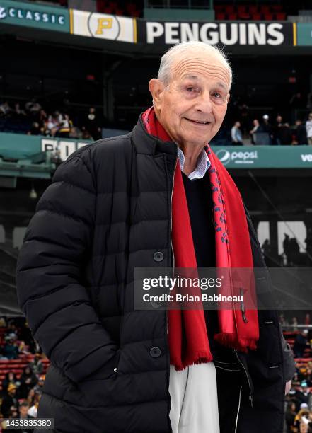 Jeremy Jacobs, Boston Bruins owner, stands on the field prior to the 2023 Discover NHL Winter Classic game between the Pittsburgh Penguins and the...