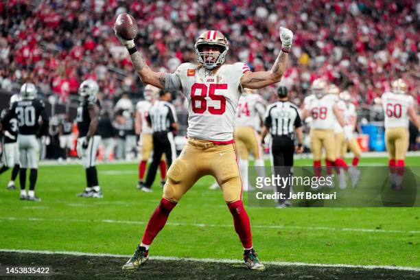 George Kittle of the San Francisco 49ers celebrates a touchdown against the Las Vegas Raiders during the second quarter at Allegiant Stadium on...