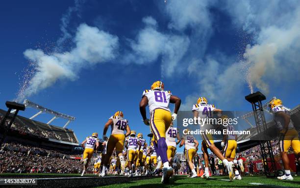 The LSU Tigers take the field during the Cheez-It Citrus Bowl against the Purdue Boilermakers at Camping World Stadium on January 02, 2023 in...