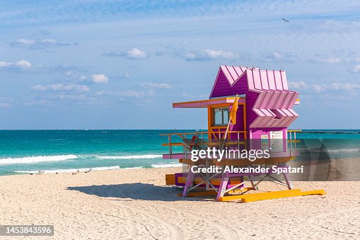 Pink lifeguard hut at South Beach, Miami, USA Pink lifeguard hut at South Beach, Miami, USA