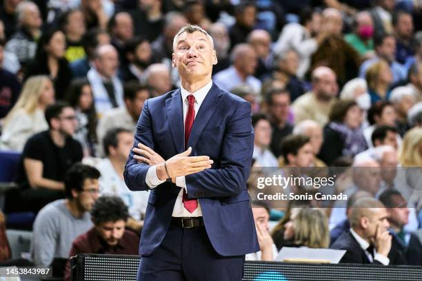 Sarunas Jasikevicius, coach of FC Barcelona reacts during the 2022/2023 Liga Endesa match between Real Madrid and FC Barcelona at Wizink Center on...