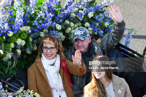 Rose Parade Grand Marshal Gabby Giffords and husband Mark Kelly participate in the 134th Rose Parade Presented by Honda on January 02, 2023 in...