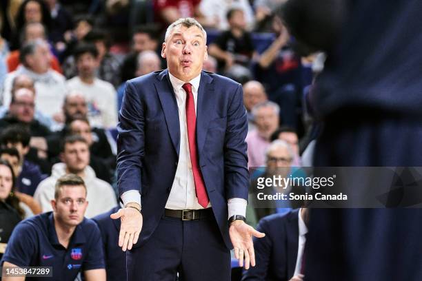 Sarunas Jasikevicius, coach of FC Barcelona reacts during the 2022/2023 Liga Endesa match between Real Madrid and FC Barcelona at Wizink Center on...