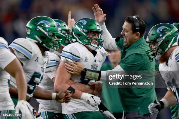Alex Bauman of the Tulane Green Wave celebrates after scoring a touchdown against USC Trojans in the fourth quarter the Goodyear Cotton Bowl Classic...