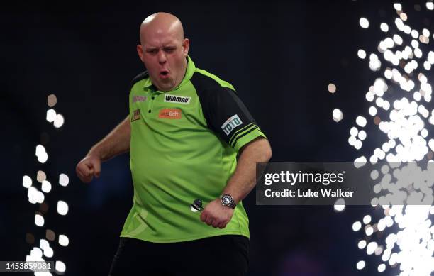 Michael van Gerwen of Netherlands celebrates the win during his Semi-Final Match against Dimitri Van den Bergh of Belgian during Day Thirteen of the...