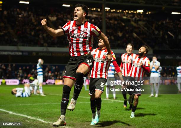 John Egan celebrates scoring the equaliser for Sheffield United during the Sky Bet Championship between Queens Park Rangers and Sheffield United at...