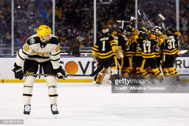 Marcus Pettersson of the Pittsburgh Penguins reacts after a goal is scored by the Boston Bruins during the third period in the 2023 Discover NHL...