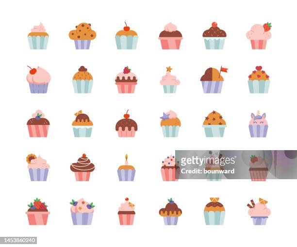 cupcake flat design icons. - muffin stock illustrations