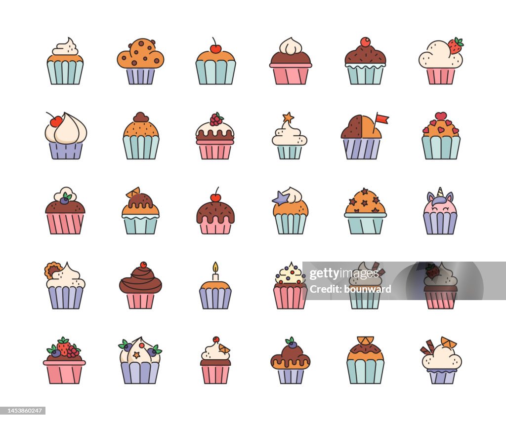Cupcake Color Line Icons. Editable Stroke.