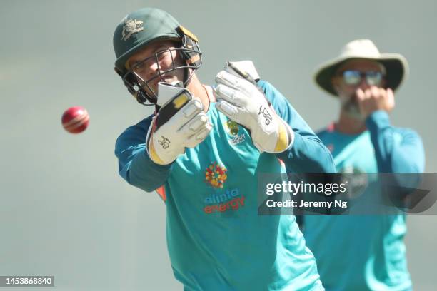 Wicketkeeper Alex Carey of Australia trains during an Australian Test squad training session at Sydney Cricket Ground on January 03, 2023 in Sydney,...