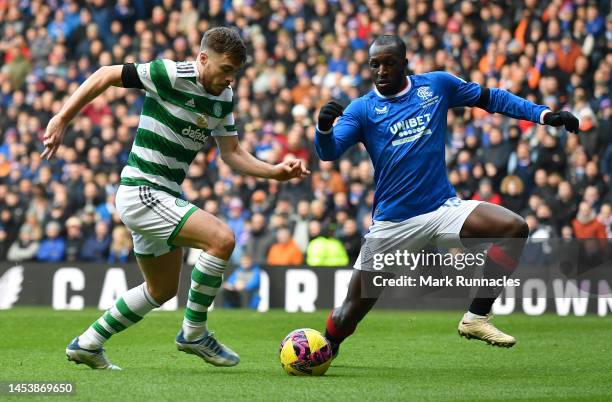 James Forrest of Celtic takes on Glen Kamara of Rangers during the Cinch Scottish Premiership match between Rangers FC and Celtic FC at Ibrox Stadium...