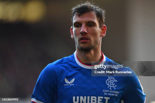 Borna Barisic of Rangers in action during the Cinch Scottish Premiership match between Rangers FC and Celtic FC at Ibrox Stadium on January 02, 2023...