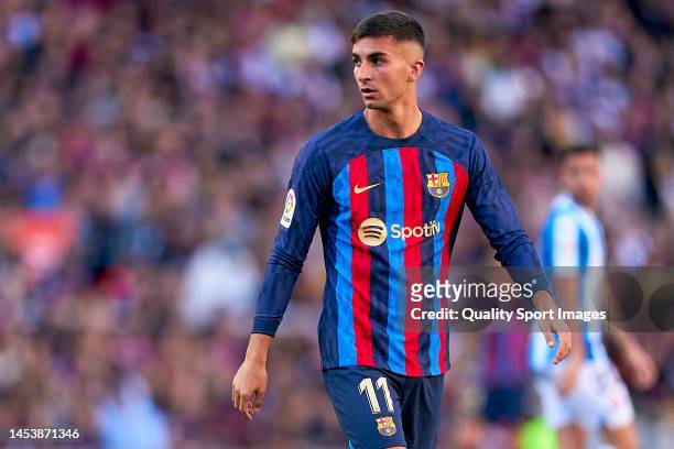 Ferran Torres of FC Barcelona looks on during the LaLiga Santander match between FC Barcelona and RCD Espanyol at Spotify Camp Nou on December 31,...
