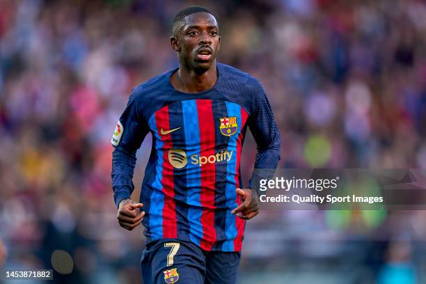 Ousmane Dembele of FC Barcelona looks on during the LaLiga Santander match between FC Barcelona and RCD Espanyol at Spotify Camp Nou on December 31,...