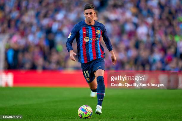 Ferran Torres of FC Barcelona with the ball during the LaLiga Santander match between FC Barcelona and RCD Espanyol at Spotify Camp Nou on December...