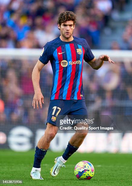 Marcos Alonso of FC Barcelona with the ball during the LaLiga Santander match between FC Barcelona and RCD Espanyol at Spotify Camp Nou on December...