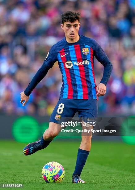 Pedro Gonzalez 'Pedri' of FC Barcelona with the ball during the LaLiga Santander match between FC Barcelona and RCD Espanyol at Spotify Camp Nou on...