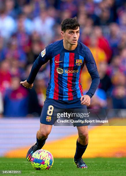 Pedro Gonzalez 'Pedri' of FC Barcelona with the ball during the LaLiga Santander match between FC Barcelona and RCD Espanyol at Spotify Camp Nou on...