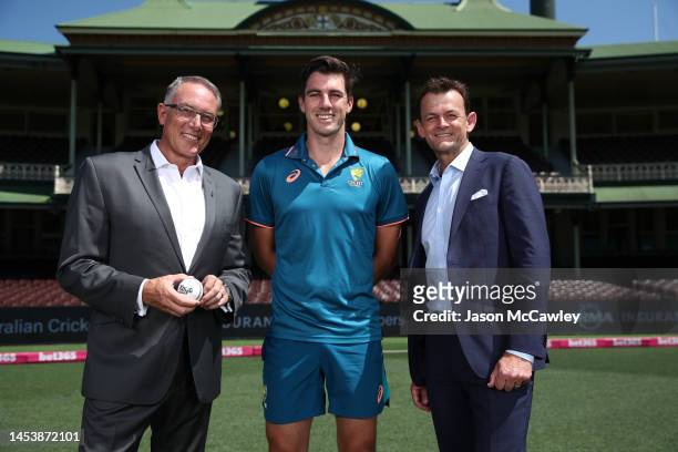 Patrick Delany Foxtel Group CEO, Pat Cummins KAYO Brand Ambassador and Adam Gilchrist Fox Cricket Commentator pose during media opportunity at Sydney...