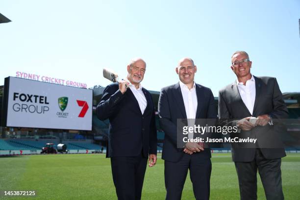 Lewis Martin Managing Director Seven Melbourne and Head of Sport, Nick Hockley CEO of Cricket Australia and Patrick Delany Foxtel Group CEO pose...
