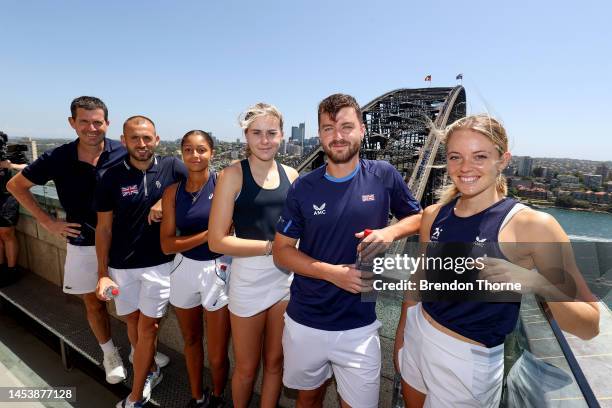 Tim Henman, Daniel Evans, Ranah Stoiber, Ella McDonald, Jonny O’Mara and Katie Swan of Great Britain pose for a photograph during day six of the 2023...