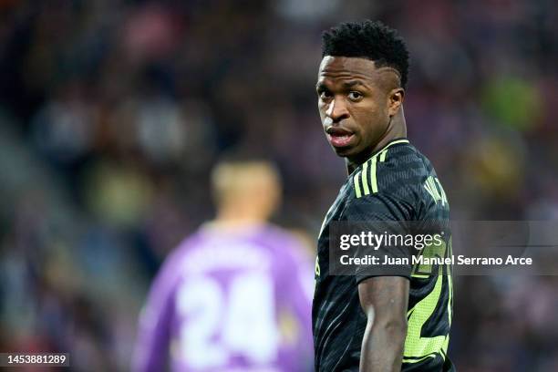 Vinicius Junior of Real Madrid looks on during the LaLiga Santander match between Real Valladolid CF and Real Madrid CF at Estadio Municipal Jose...